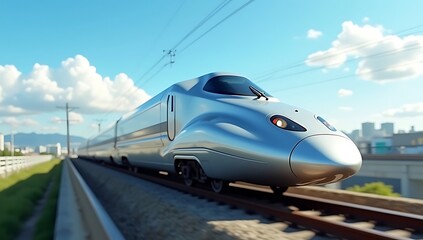 Fototapeta premium High-Speed Bullet Train on Elevated Railway Track, Motion Blur Effect, Modern Transportation and Travel Concept. 