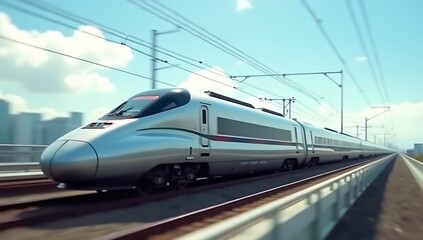 Fototapeta premium High-Speed Bullet Train on Elevated Railway Track, Motion Blur Effect, Modern Transportation and Travel Concept. 