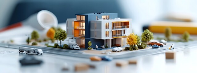 Detailed 3D rendering of a blueprint for a modern minimalist highrise apartment complex showcasing the technical drawings intricate structural schematics