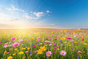 Fototapeta premium vibrant spring meadow filled with colorful wildflowers under bright blue sky, radiating warmth and beauty