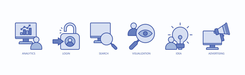 Data And Discovery Icon Set Isolated Vector With Icon Of Analytics, Login, Search, Visualization, Idea, Advertising In Blue Style