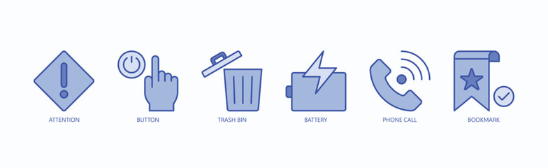 Alert And Action Icon Set Isolated Vector With Icon Of Attention, Button, Trash Bin, Battery, Phone Call, Bookmark In Blue Style
