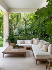 Naklejka premium A stylish outdoor living space with a comfortable sofa and wooden coffee table, surrounded by lush greenery. The scene exudes tranquility and elegance