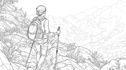 A woman is hiking up a mountain with a backpack and a pair of poles