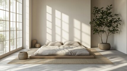 Minimalist bedroom with tatami mat and sunlight