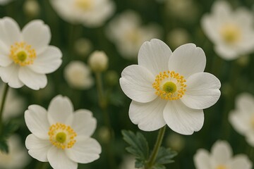 Beautiful White Flowers in Garden – Spring Nature Background with Anemones