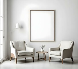 Two white chairs with a blank frame in a white wall, a small table with a vase and a lamp, minimalist design