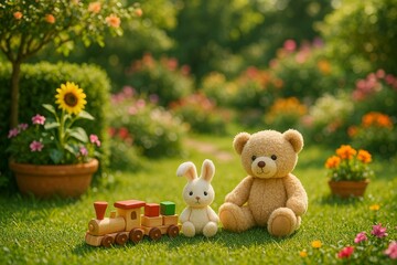 Cute Teddy Bear, Bunny, and Wooden Toy Train in Colorful Garden with Flowers