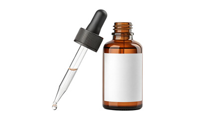 amber dropper bottle with a blank white Label isolated on a transparent background mockup, 4oz amber glass serum bottle png for cosmetics, natural essential oil presentation