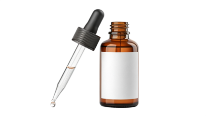 amber dropper bottle with a blank white Label isolated on a transparent background mockup, 4oz amber glass serum bottle png for cosmetics, natural essential oil presentation