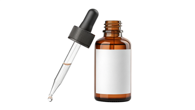amber dropper bottle with a blank white Label isolated on a transparent background mockup, 4oz amber glass serum bottle png for cosmetics, natural essential oil presentation