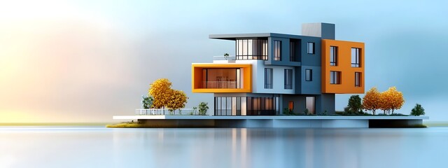 Fototapeta premium Detailed 3D rendering of a sleek multi story apartment building showcasing innovative architectural design elements and construction plans for an urban sustainable living environment
