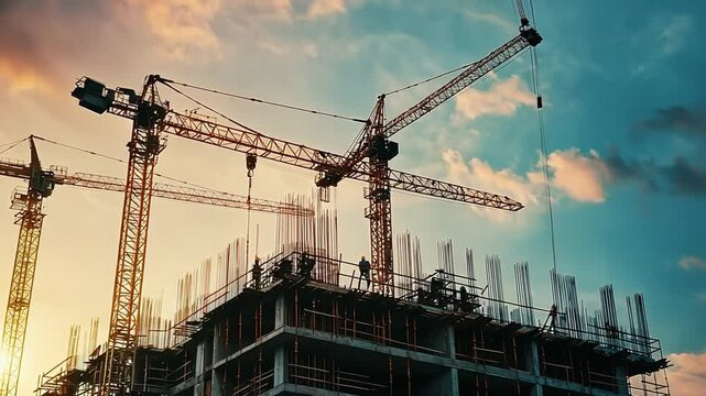 Construction Site at Sunset: Silhouette of construction cranes and workers building a modern structure against a backdrop of a vibrant, dynamic sunset.