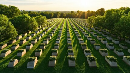 A large field of graves with a sun shining on them