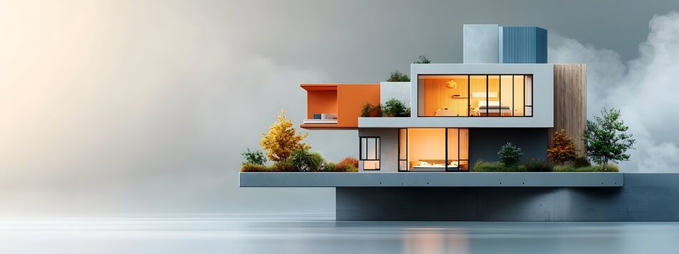 Detailed 3D rendering showcasing the modern and innovative design of a high rise apartment building featuring a minimalist and geometric exterior composition with suspended volumes glass steel