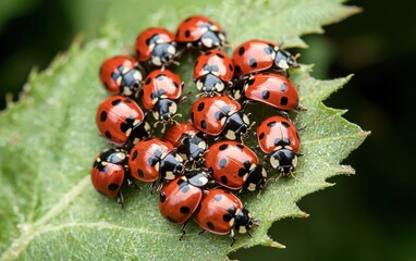 Fototapeta premium Close-up view of numerous red and black ladybugs clustered together on a vibrant green leaf. The ladybugs are in sharp focus, showcasing their distinctive markings against the contrasting natural
