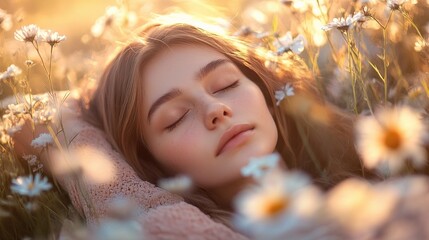Fototapeta premium Serene Woman Lying in Field of Flowers During Soft Autumn Light