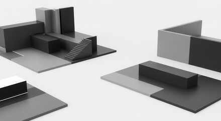 Abstract Monochromatic 3D Geometric Shapes Modern Architectural Design Elements Grey and Black
