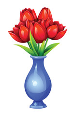Red tulips in a glossy blue vase with leaves, bright and vivid. Vector cartoon illustration