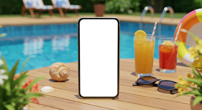 A relaxing poolside escape, perfect for summer vacation planning, with a blank phone screen ready for your ideas, in warm sunlight next to refreshing drinks. - Powered by Adobe