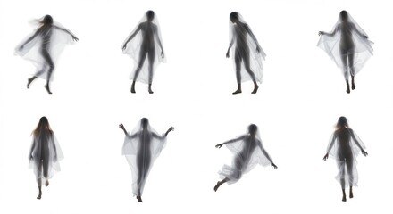 Eight Silhouettes of Women in Sheer Fabric Posing in Various Dynamic Movements