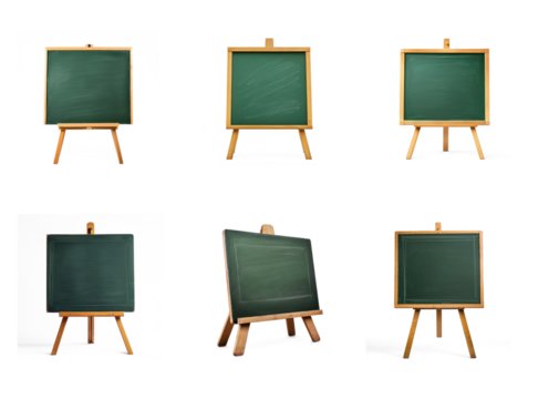 Collection of Green chalkboard canvas on a wooden easel front view isolate on transparent background