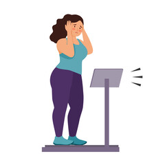 Obese woman standing on weigh scales in flat design on white background. Overweight concept.