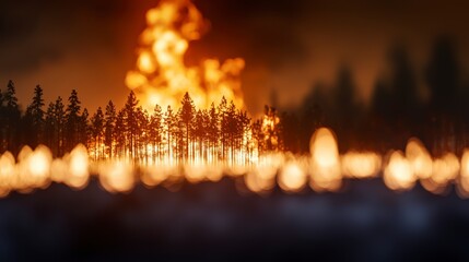 Obraz premium Majestic Wildfire Blaze Surrounded by Silhouetted Trees at Night Capturing Nature's Fierce Beauty and Destruction