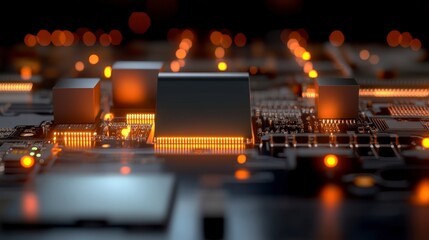 Abstract close-up of a modern circuit board with glowing orange lights and intricate electronic components in focus