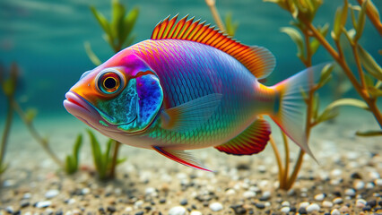 Naklejka premium Tropical fish in aquarium colorful blue and orange goldfish concept