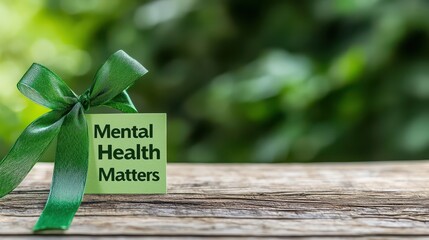 A green tag with a bow highlighting the importance of mental health, set against a blurred natural background.