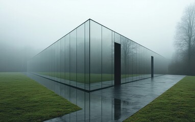 Glass structure in foggy landscape, reflecting the surroundings. Modern architecture, minimalist design, sleek lines, wet ground. Foggy atmosphere