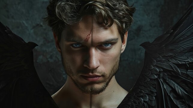 A striking male model with piercing blue eyes and dark feathered wings, showcasing a fierce expression and a scar across his forehead.