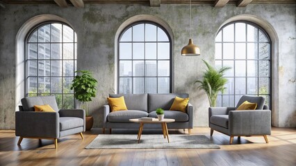 Modern Loft Living Room: Grey Sofa & Armchairs, Concrete Wall, Arch Windows