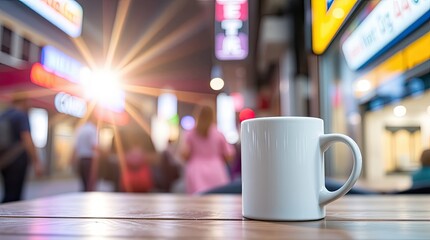 A white coffee mug sits on a wooden surface outdoors