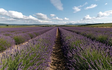 Vast lavender field under a partly cloudy sky. Rows of purple lavender plants stretch to the horizon.  Sunlight illuminates the scene, creating shadows along the paths between rows. 