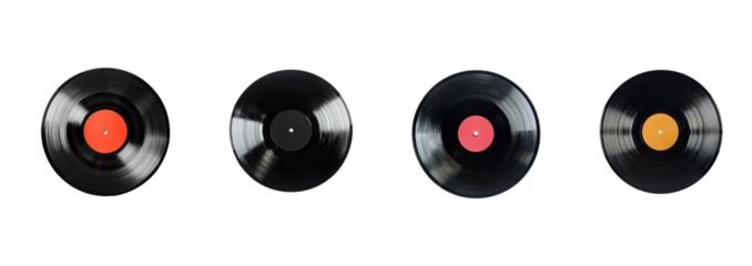 Collection of Vinyl record top view isolate on transparent backgrounda