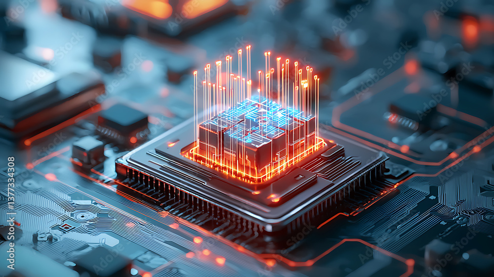 Poster innovative technology microchip development digital lab 3d rendering futuristic environment close-up