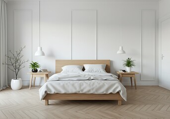 Serene minimalist bedroom sanctuary featuring a light wood bed, crisp white linens, and gentle natural light enhancing the calm ambiance.