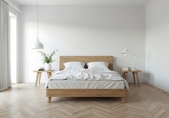 Serene minimalist bedroom, showcasing a light oak bed with crisp white linens, bathed in soft natural light and complemented by simple wooden side tables.