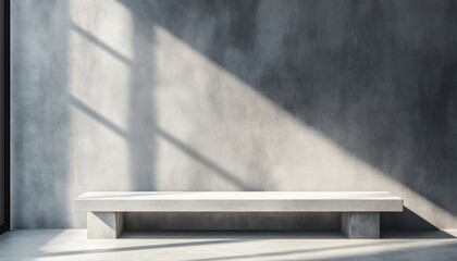 Empty concrete bench on the wall in a minimal room with light and shadow, banner background