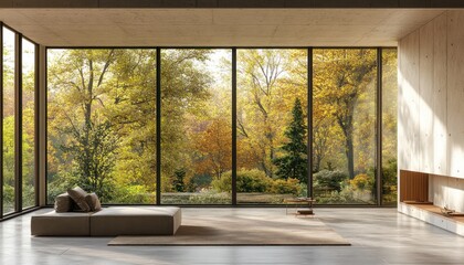 Fototapeta premium Empty room interior with large windows and a concrete wall