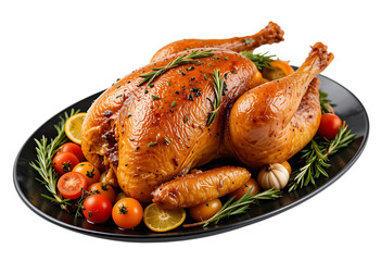 Roasted Turkey on white plate isolated on transparent background