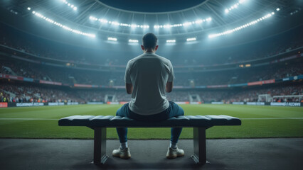 soccer player sits on bench in large stadium, illuminated by bright lights, with focused and contemplative expression