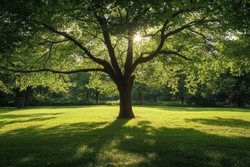 Obraz premium Sunlight filtering through a majestic tree in a lush park