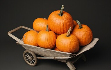 A rustic wheelbarrow filled with a pile of vibrant orange pumpkins against a dark background. The scene is simply lit, emphasizing the pumpkins' texture and color
