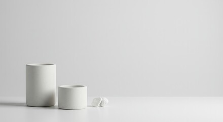 Minimalist Still Life Two Speckled White Concrete Cylindrical Pots and Stones on White Background
