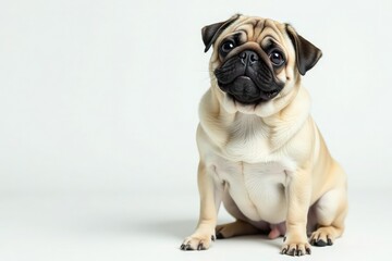 Adorable pug dog sitting, isolated on white background, cute, pet