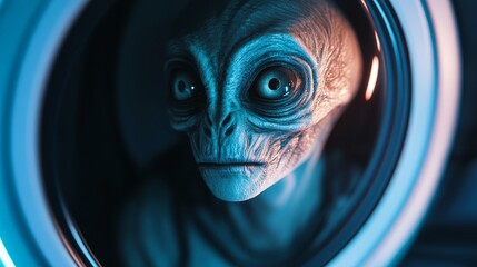 Close-up of alien with large eyes inside spaceship pod
