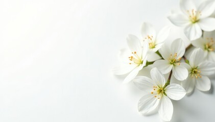 Fototapeta premium Delicate white blossoms against pure white backdrop, closeup, natural, petal